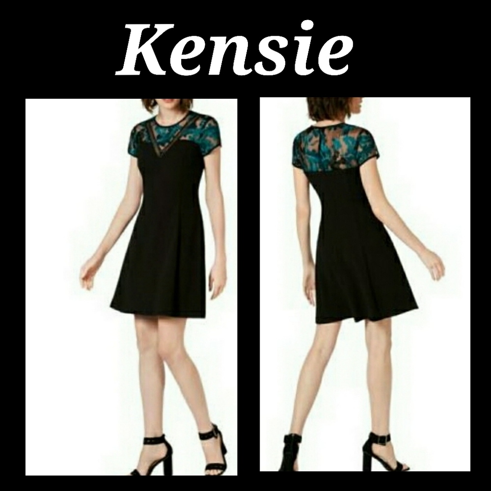 KENSIE Black & Emerald Green Embroidered Dress